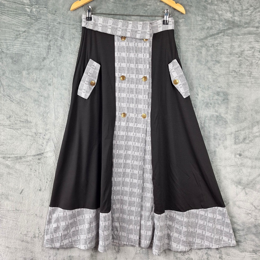Womens Skirt Small Black Plaid Midi Preppy Old Money Academia Pockets Button Up‎